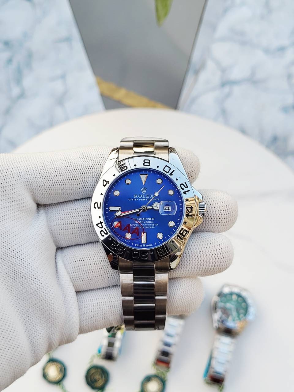 Rollex Explorer Open Back Silver Blue Dial  AT383