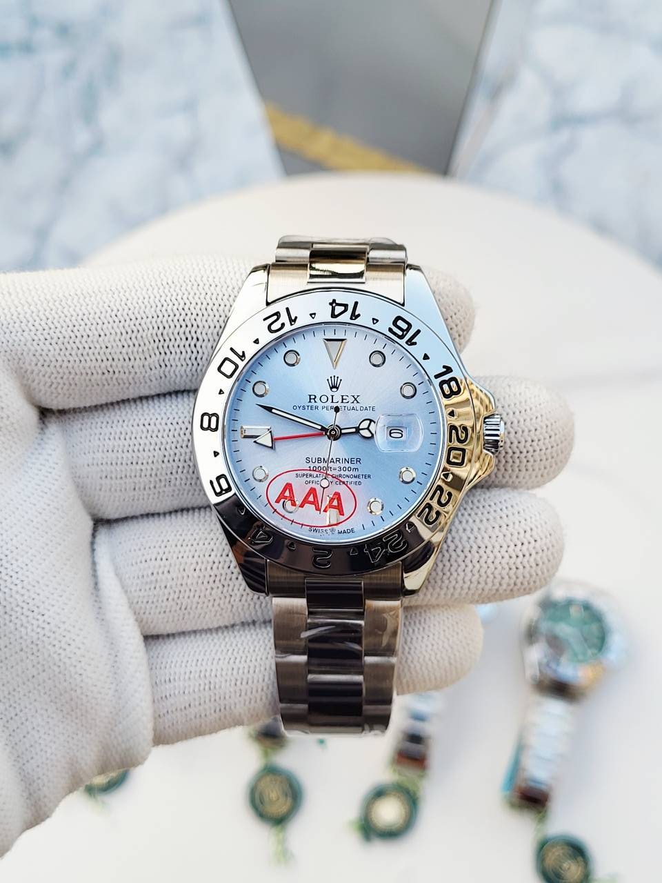 Rollex Explorer Open Back Silver SkyBlue Dial  AT383