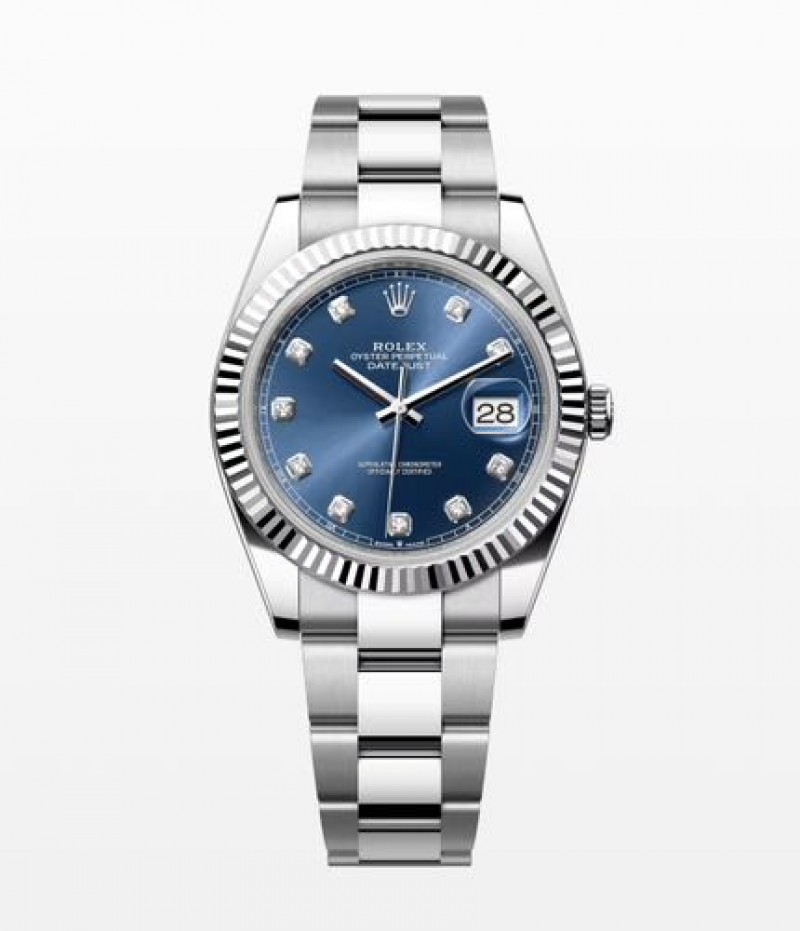 Rollex Date Just 41 Silver Blue Dial Diamond Initial Oyster Strap Semi ETA