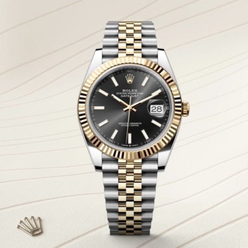 Rollex Date Just 41 Silver Gold Black Dial Semi ETA