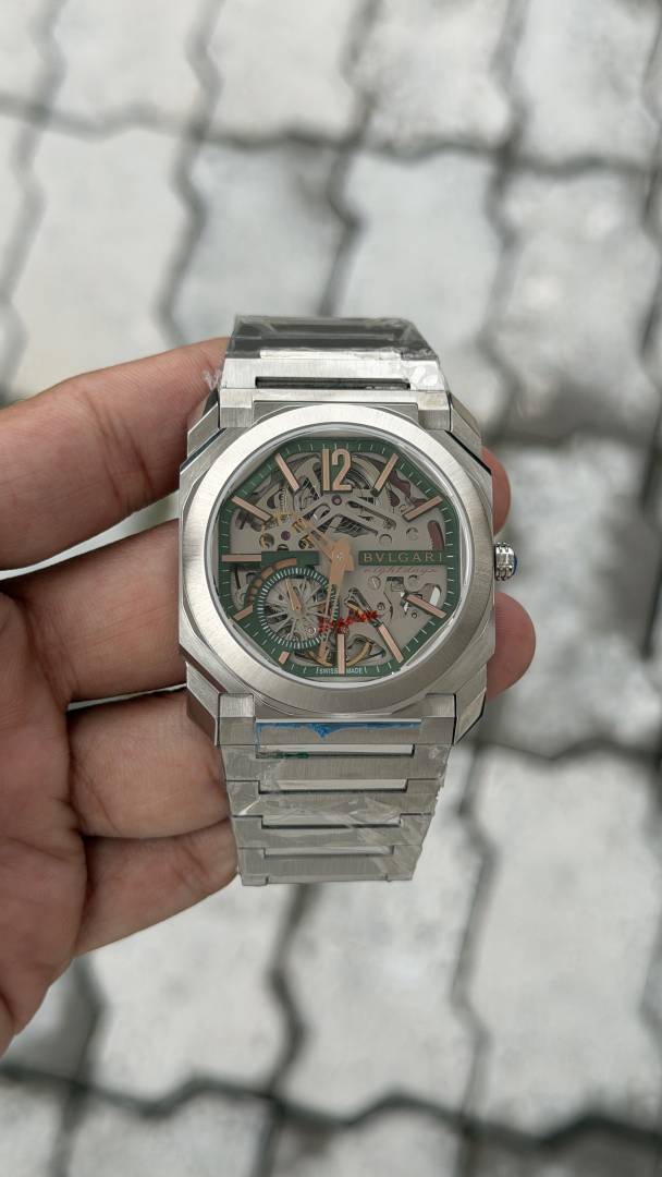 Bvlgarr i Octo Finissimo Skeleton Manual Watch features a striking green dial against an architectural grey titanium movement.