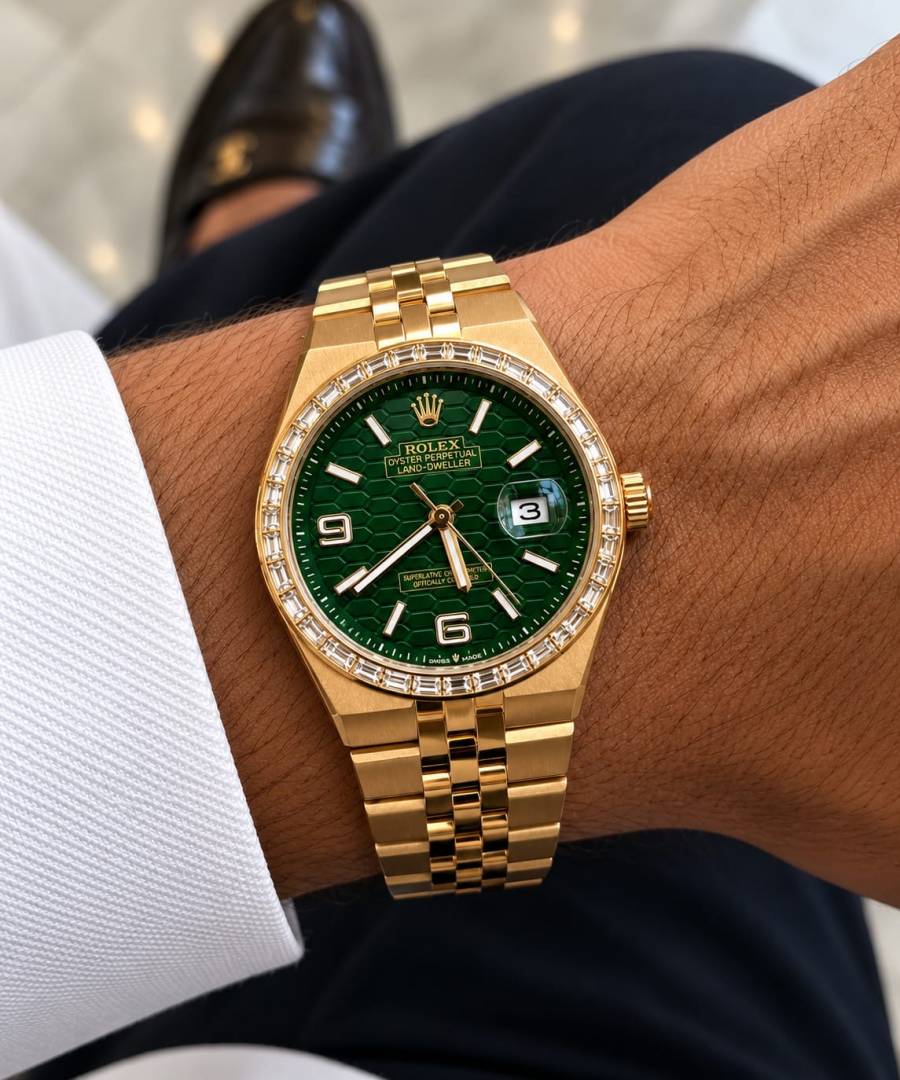 Roleex Oyster Perpetual Land Dweller Diamond Gold Green