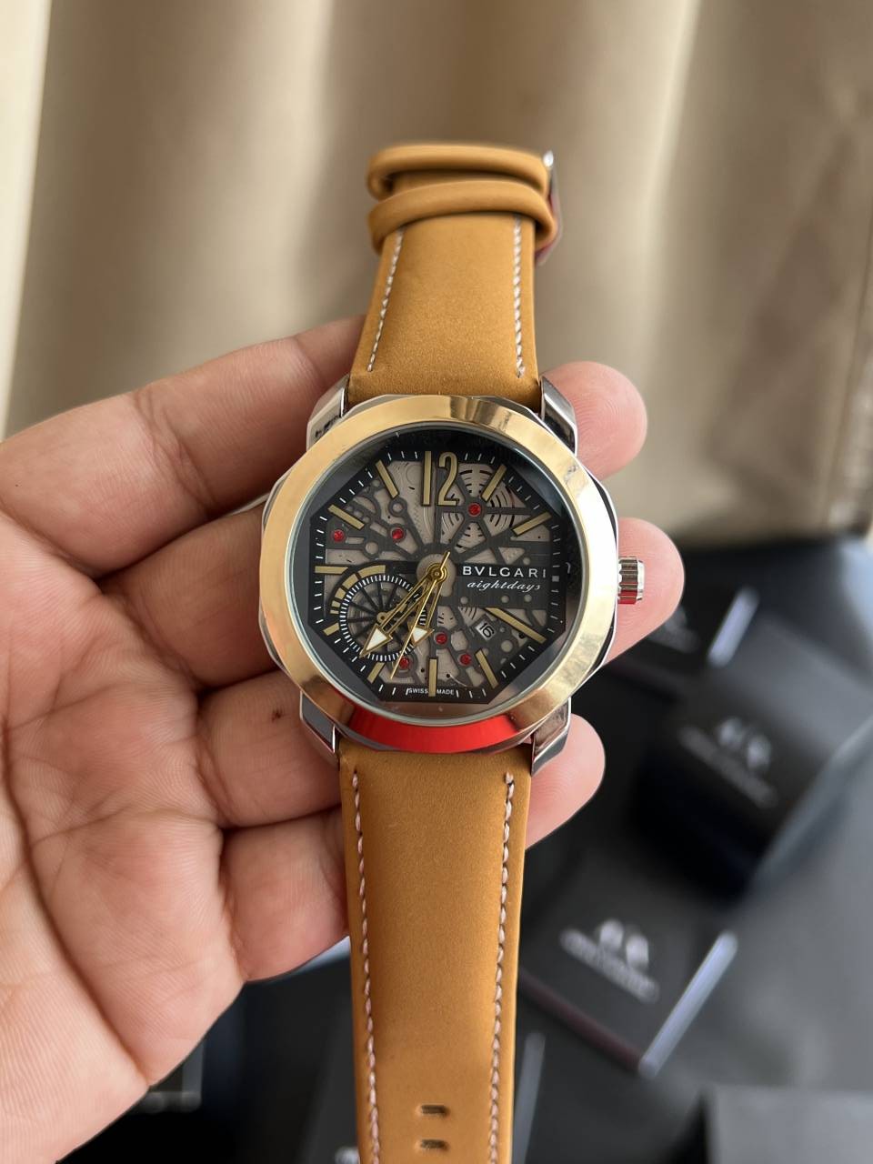 BVLGARI PREMIUM BROWN LEATHER WATCH