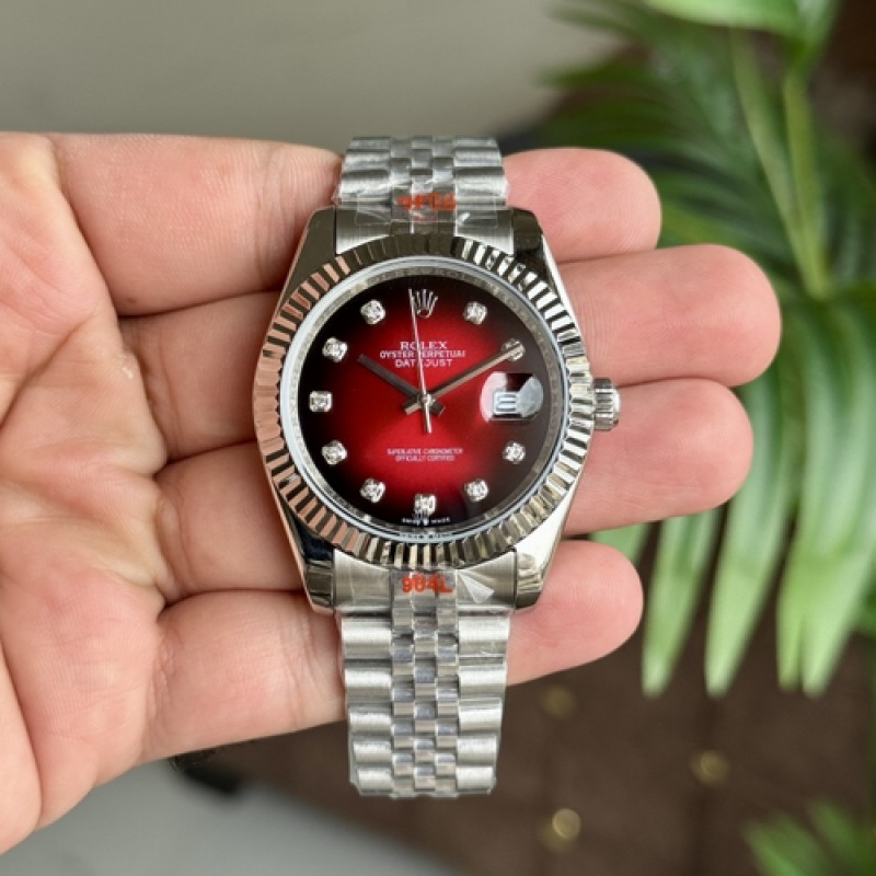 Rollex Date Just 41 Jubilee Strap Silver Ombre Red Dial Diamond Initials