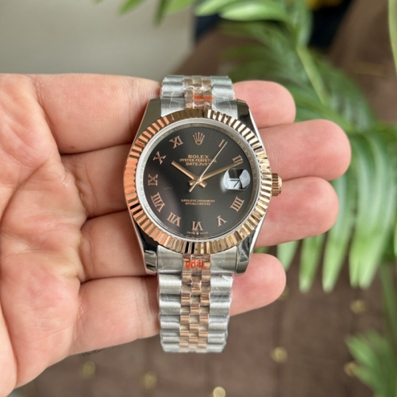 Rollex Date Just 41 Jubilee Strap Silver Rose Gold Black Dial Roman Figure