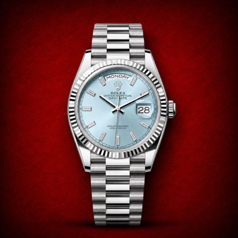 Rollex 36mm Day Date Stainless Steel Sky Blue Diamonds Dial