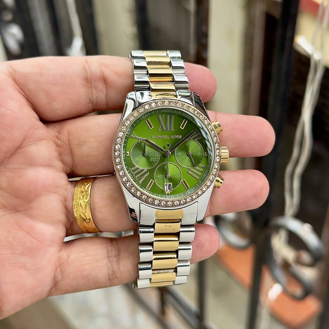 Michae el Kors Lexington Chronograph womens 2 ton gold green
