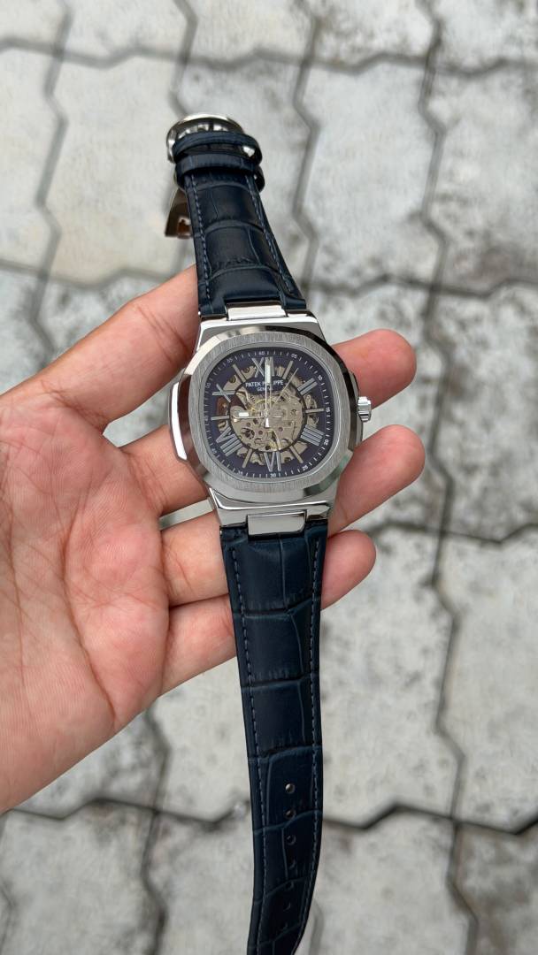 Patee k Philippe nautilus skeleton automatic open heart open back best premium leather Blue silver