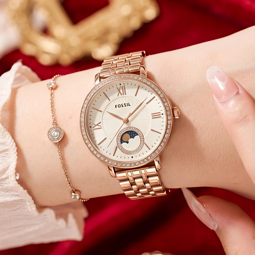 Fossii l Jacqueline Sun Moon Multifunction Rose Gold White