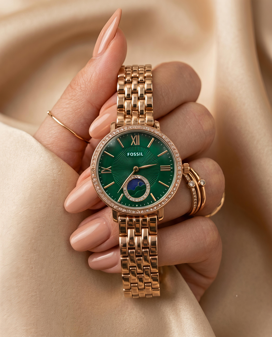 Fossii l Jacqueline Sun Moon Multifunction Rose Gold Green