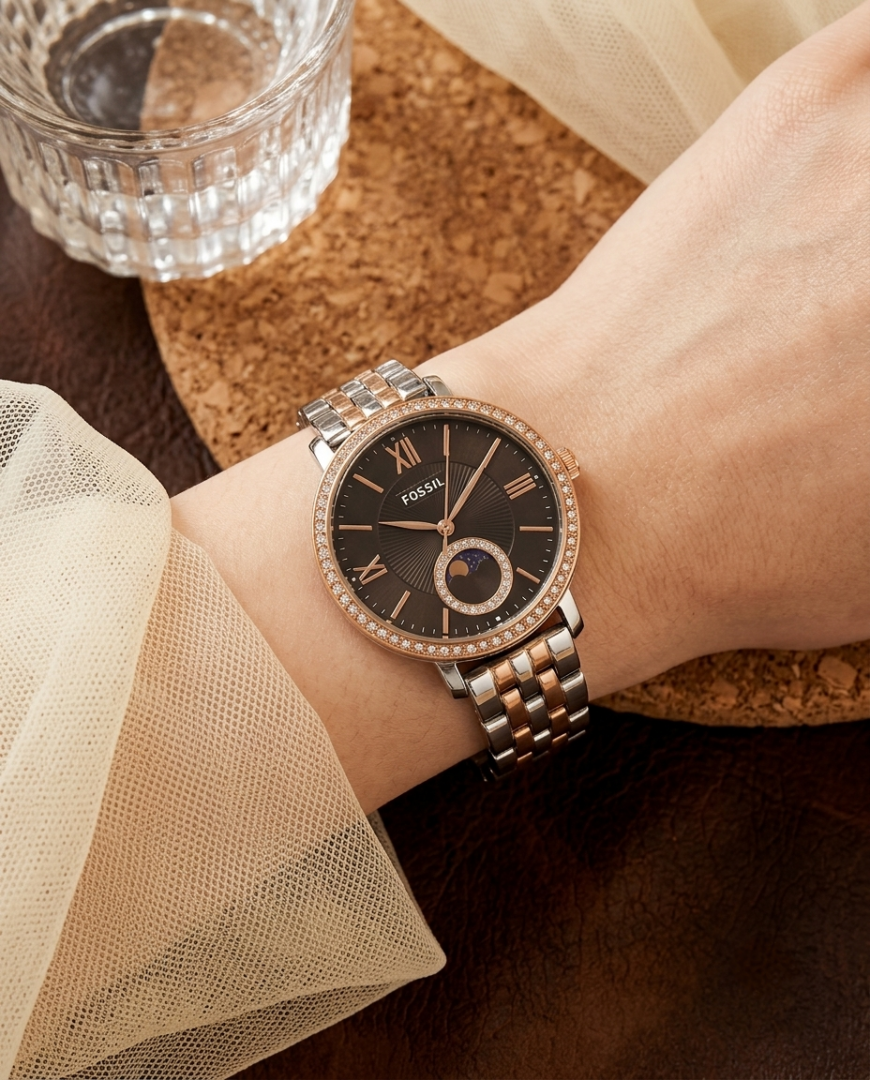 Fossii l Jacqueline Sun Moon Multifunction 2Ton Rose Gold Black
