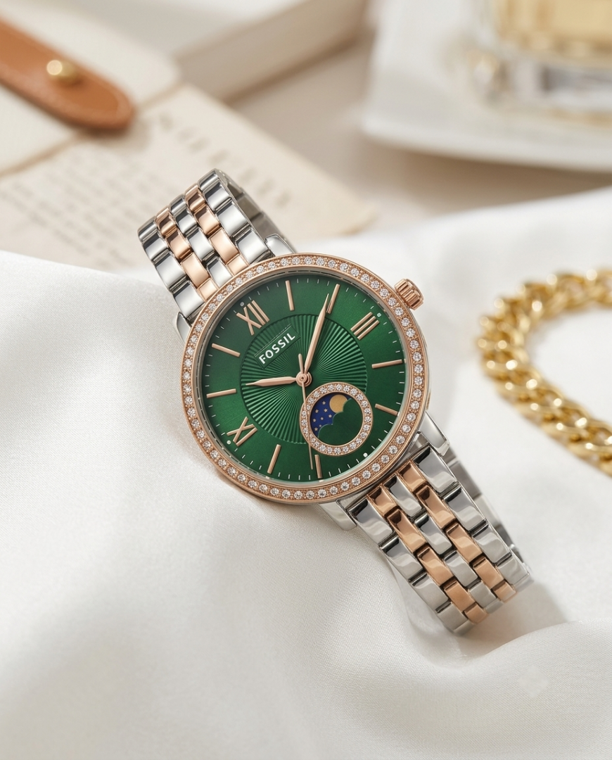 Fossii l Jacqueline Sun Moon Multifunction 2Ton Rose Gold Green