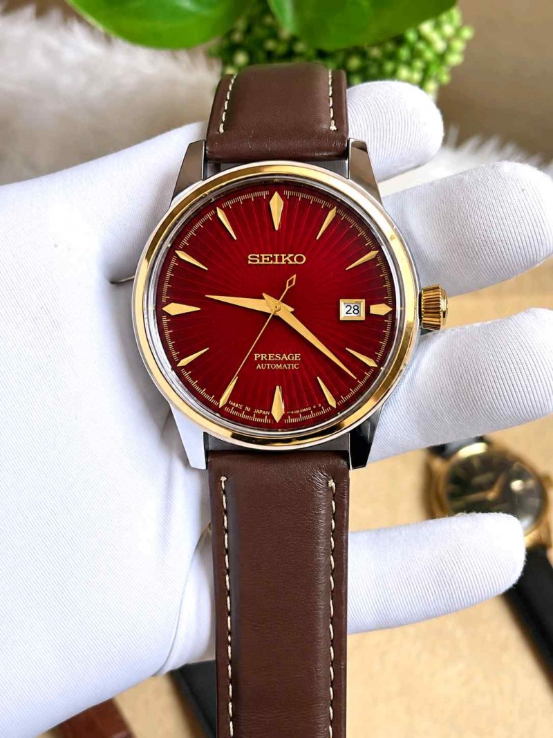 SEIKO PRESAGE AUTOMATIC LEATHER BELT BROWN RED DIAL AT502