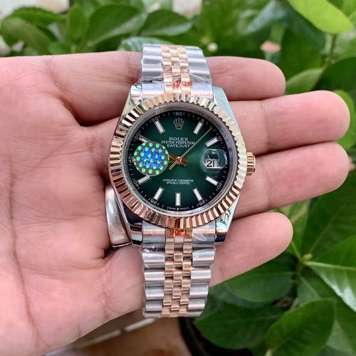 Rolexx Date Just 41 Silver Rose Gold Green Dial ZR