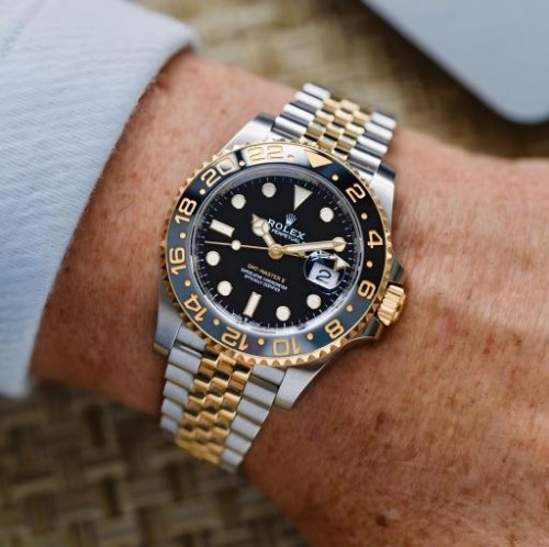 ROLEX GMT Master II Black Dial Gold Silver Chain