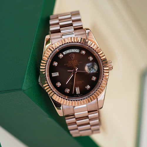 Rolexx Day Date Rose Gold Brown YZ