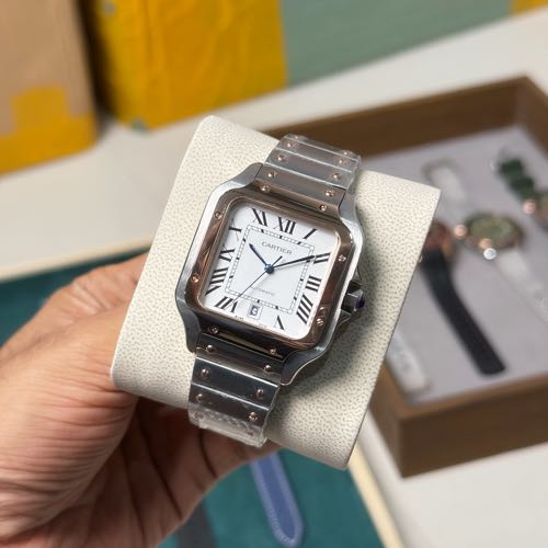 Santos De Cartier Rose Gold Bezel White Dial