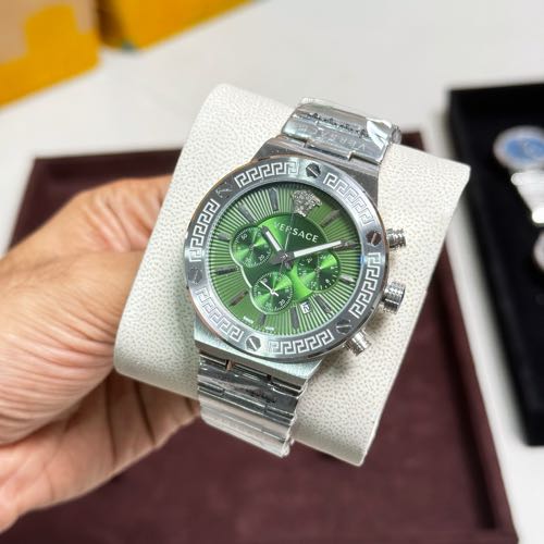 Versace Greca Triple Silver Chronograph Watch Green Dial