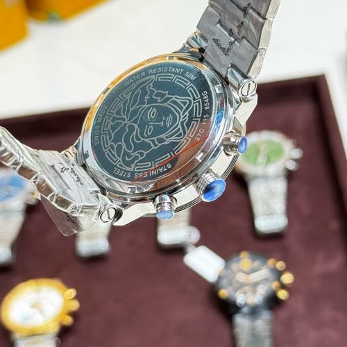 Alternative view of Versace Greca Triple Silver Chronograph Watch Blue Dial