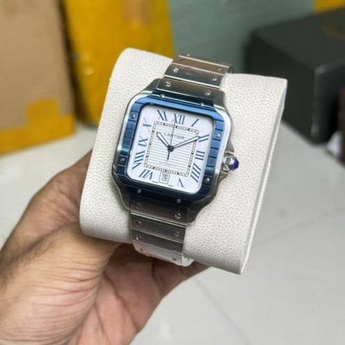 Cartier Santos Stainless Steel Fluted Bezel Pearl White Diam