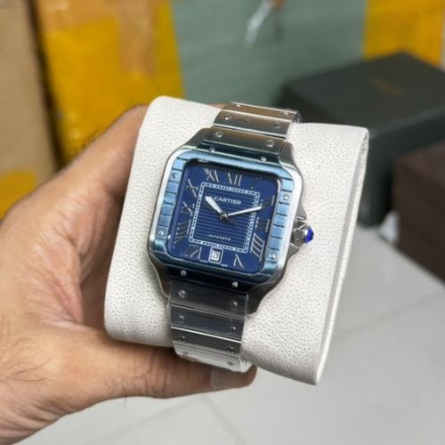 Cartier Santos Stainless Steel Fluted Bezel Berry Blue Dial