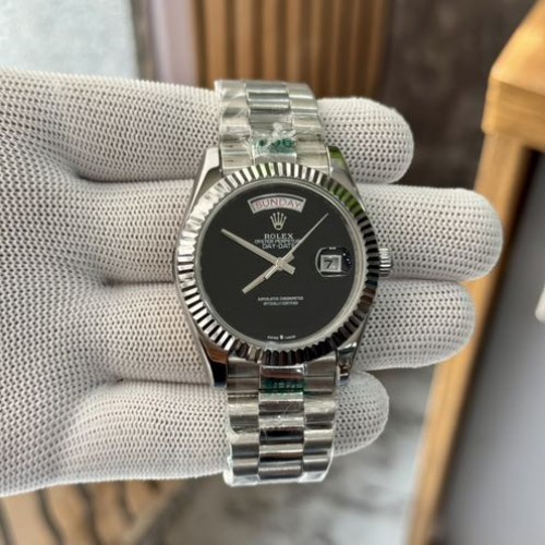 Rolexx Day Date Silver Black Plain Dial Fluted Bezel