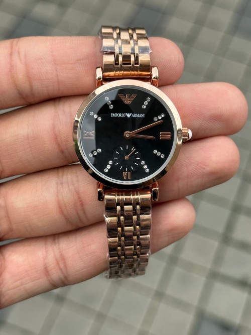 Emporio Arman I Women Rose Gold Black Dial Diamond Edition