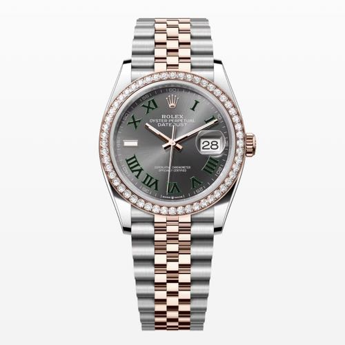 Unisex Date Just 36MM Everose Rolesor Diamond Set Bezel Wimbledon Dial