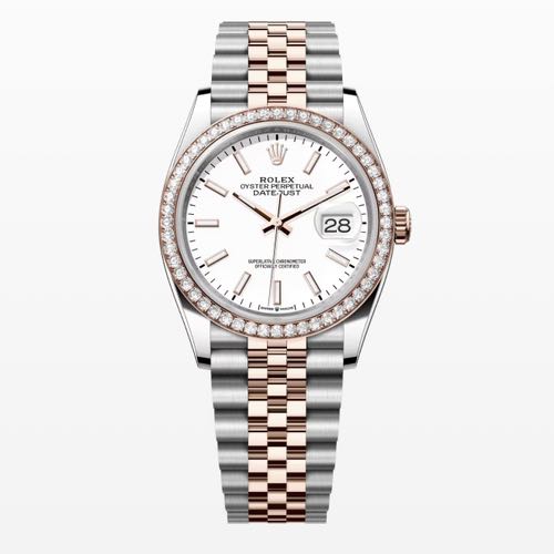 Unisex Date Just 36MM Everose Rolesor Diamond Set Bezel White Dial