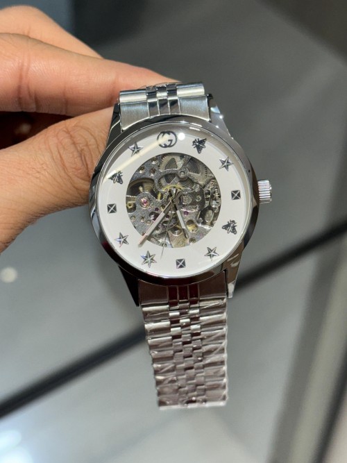 GUCC I G TIMELESS AUTOMATIC SKELETON SILVER WHITE