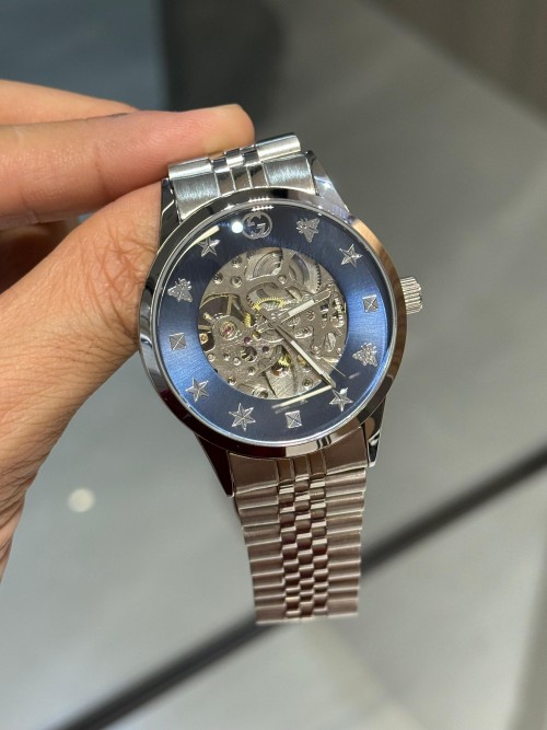 GUCC I G TIMELESS AUTOMATIC SKELETON SILVER BLUE