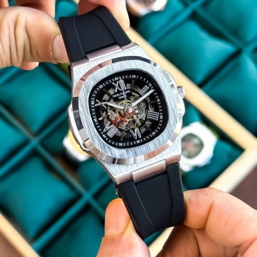 Patek Phillip E Nautilus Skeleton Silicone Silver Black