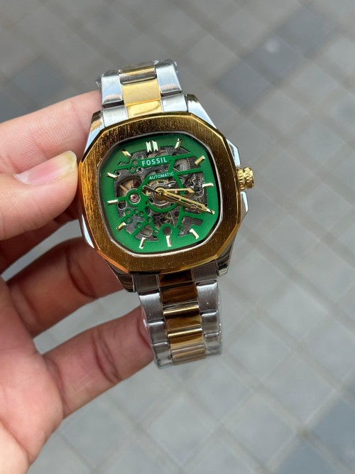 Alternative view of Fossi L Skeleton Square Automatic Gold Two Tone Green Dial
