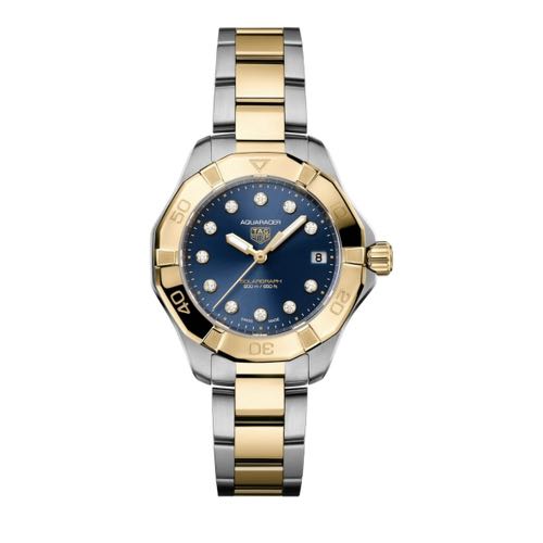Tag Heuer Aquaracer Solargraph Silver Gold Blue For Her