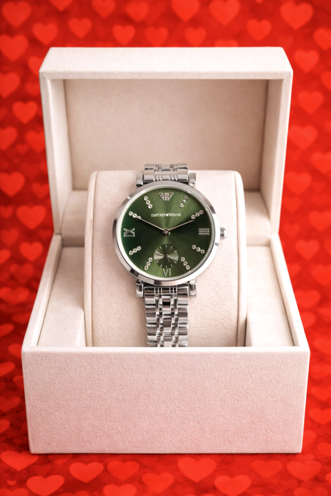 EMPORIO ARMANI WOMEN SILVER GREEN DIAMOND DIAL 347