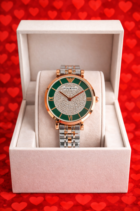 EMPORIO ARMANI WOMEN TWOTONE DIAMOND DESIGN ROUND GREEN DIAL 347