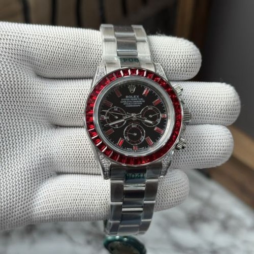 ROLEX Daytona Black Silver Red Diamond Bezel