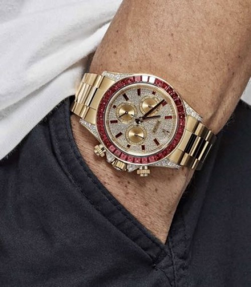Alternative view of Rolex Daytona Yellow Gold Diamond Paved Dial Baguette Rubies