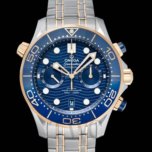Omega Seamaster 300m Co Axial Chronograph Silver Rose Gold Blue Dial