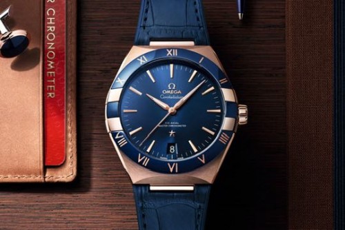 OMEGA Constellation Rose Gold Blue Dial Leather Strap