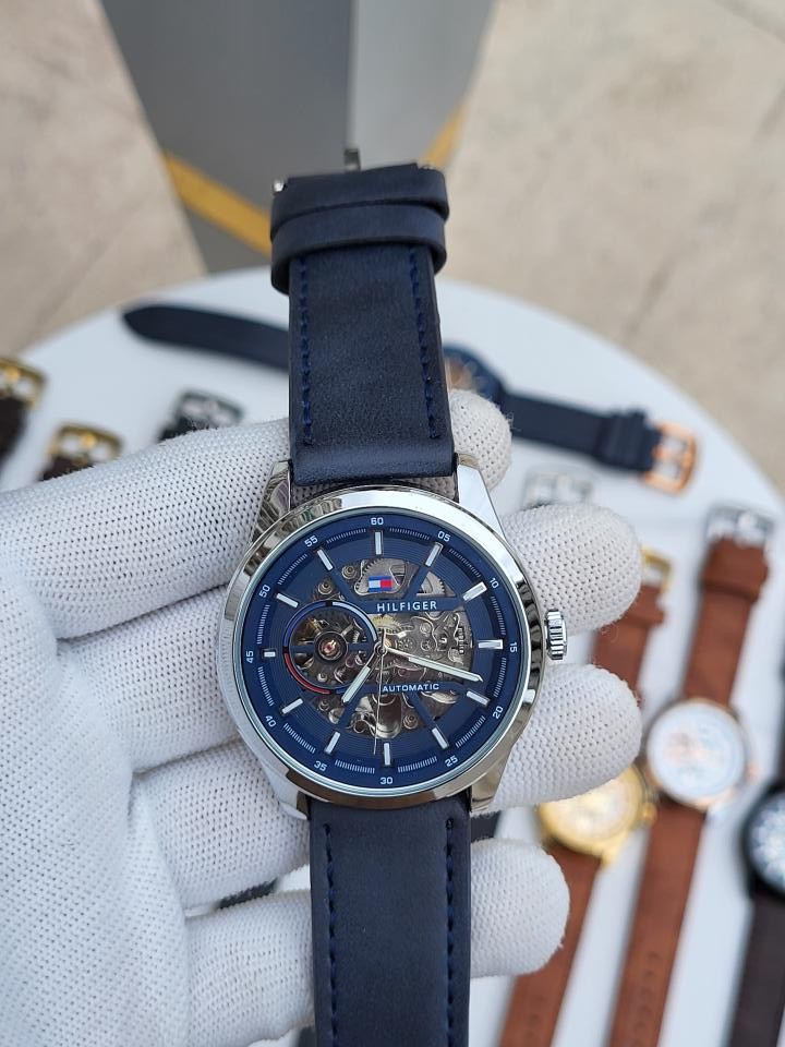 Tommy Hilfiger Automatic Leather Belt Blue Silver Blue 143