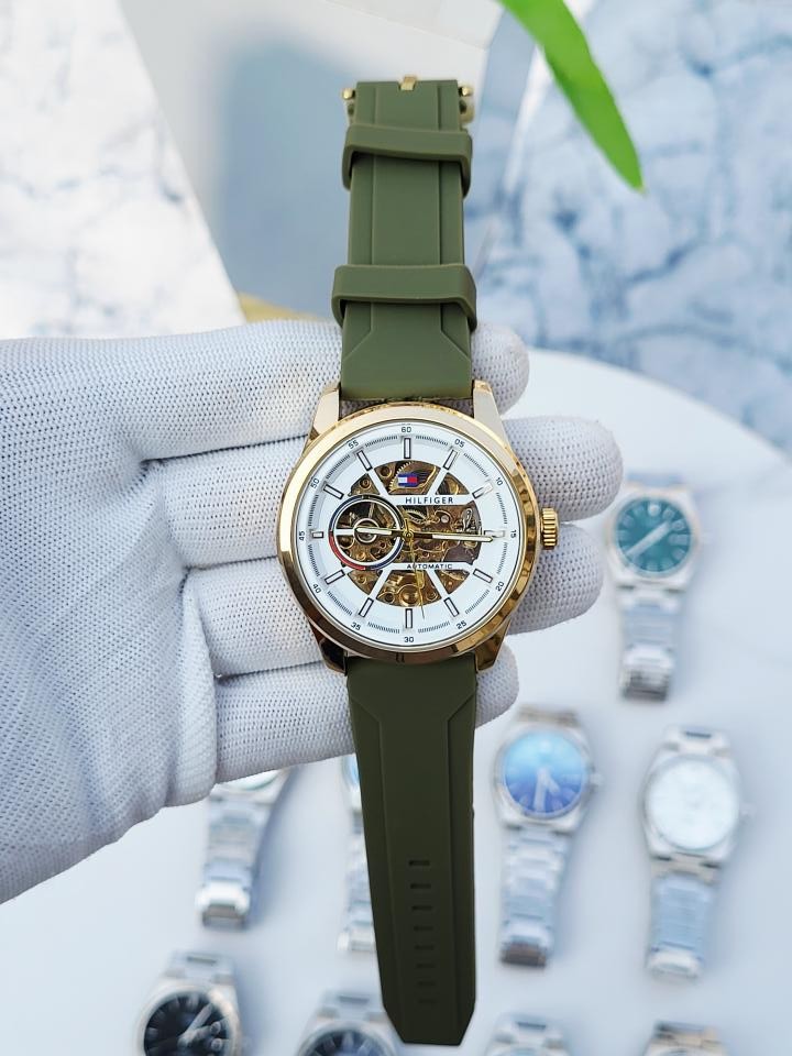 Tommy Hilfiger Automatic Silicon Belt Green Gold White 145