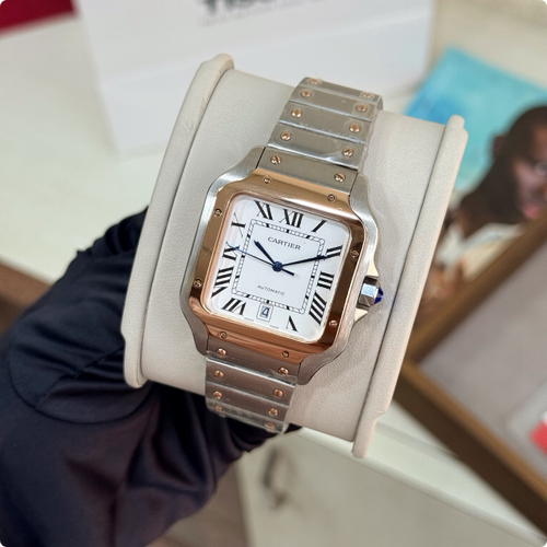 Santos De Cartier Rose Gold Bezel White Dial