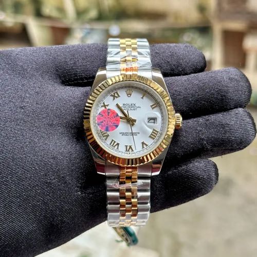 Rolex Date Just 41 Jubilee Strap Silver Gold White Dial Roman Figure