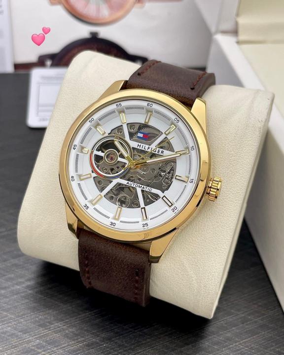 TOMMY HILFIGE AUTOMATIC SKELETON LEATHER BROWN GOLD  844