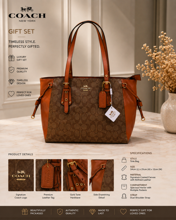 COACCH CANVAS SIGNATURE APRICOT BROWN TOTE LEATHER PREMIUM WITH DUST BAG