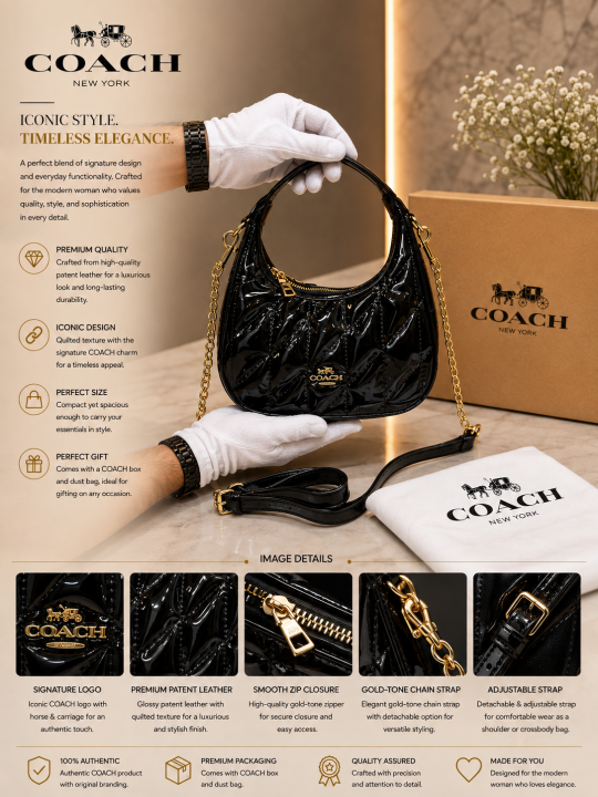 COACCH CARMENEMILY BLACK QUILTED PATENT LEATHER PREMIUM WITH OG BOX
