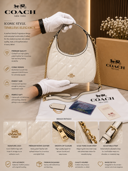COACCH CARMENEMILY WHITE QUILTED PATENT LEATHER PREMIUM WITH OG BOX