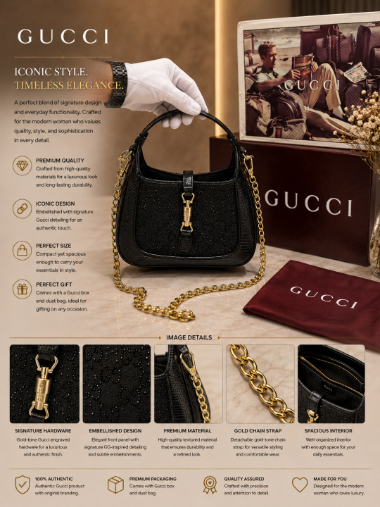 GUCCCI JACKIE 1961 CHAIN CRYSTAL GG EMBELLISHED MINI HOBO BAG PREMIUM WITH OG DOUBLE BOX PAKCING