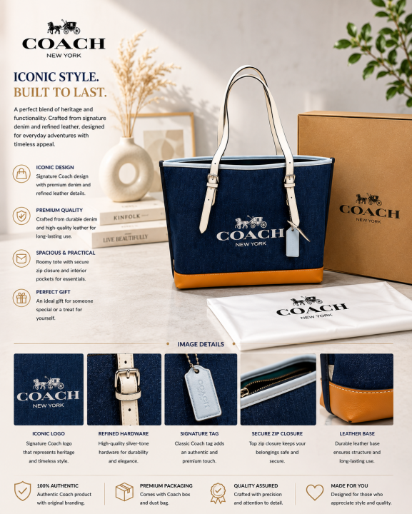 COACCH MOLLIE TOTE 25 in COLORBLOCK DENIM OCHRE MULTI PREMIUM WITH OG BOX